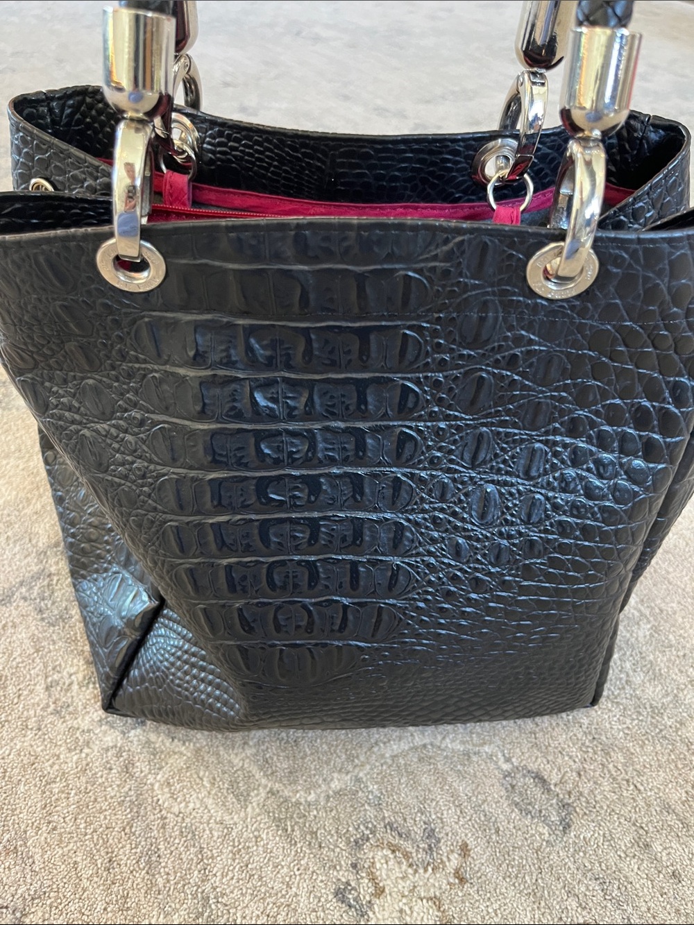 Black Croc-Embossed Tote with Silver Hardware. Made in France.